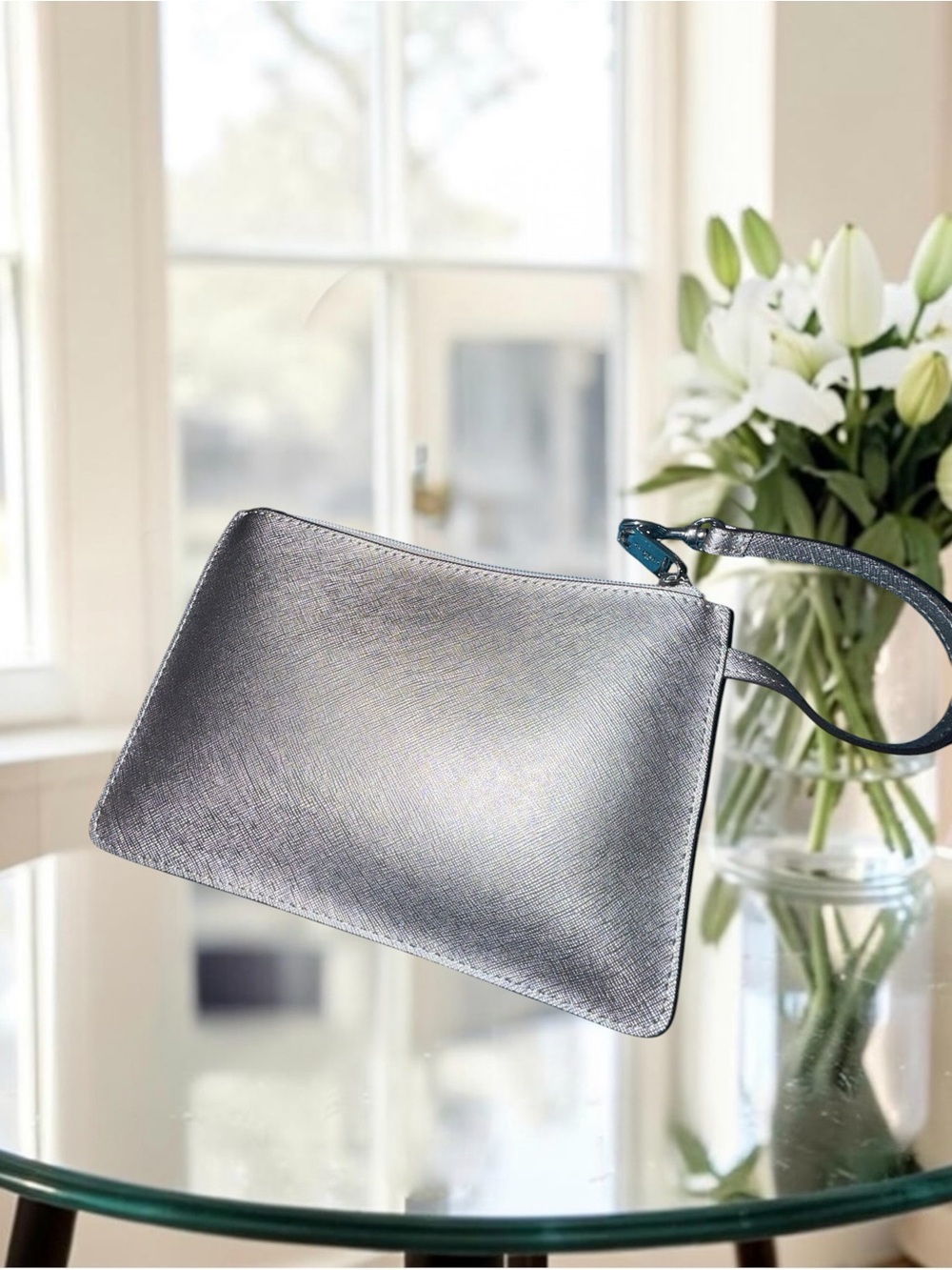 3FER Karl Lagerfeld Park Metallic Silver Tote with Matching Pouch & Accent Scarf - Picture 15 of 16